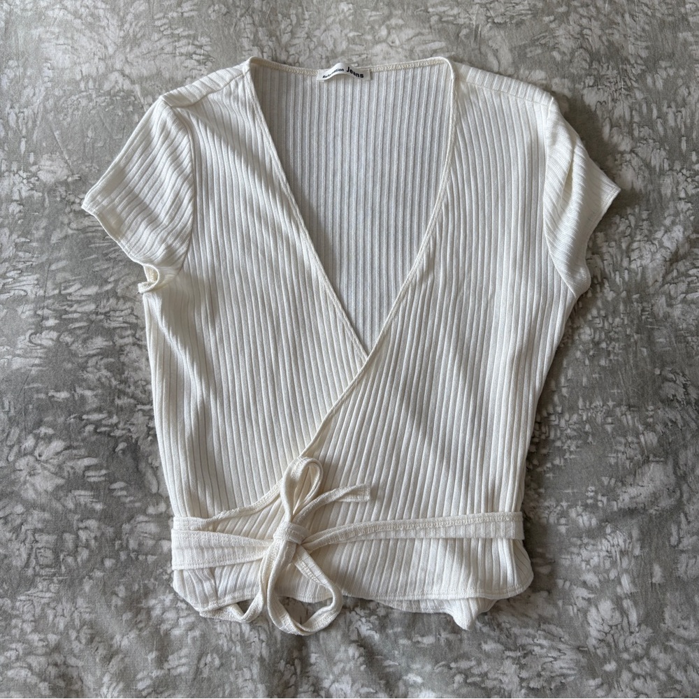 Reformation Cream Ribbed Wrap Blouse